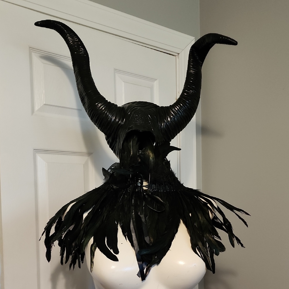 Black Horned Headpiece with Feathers